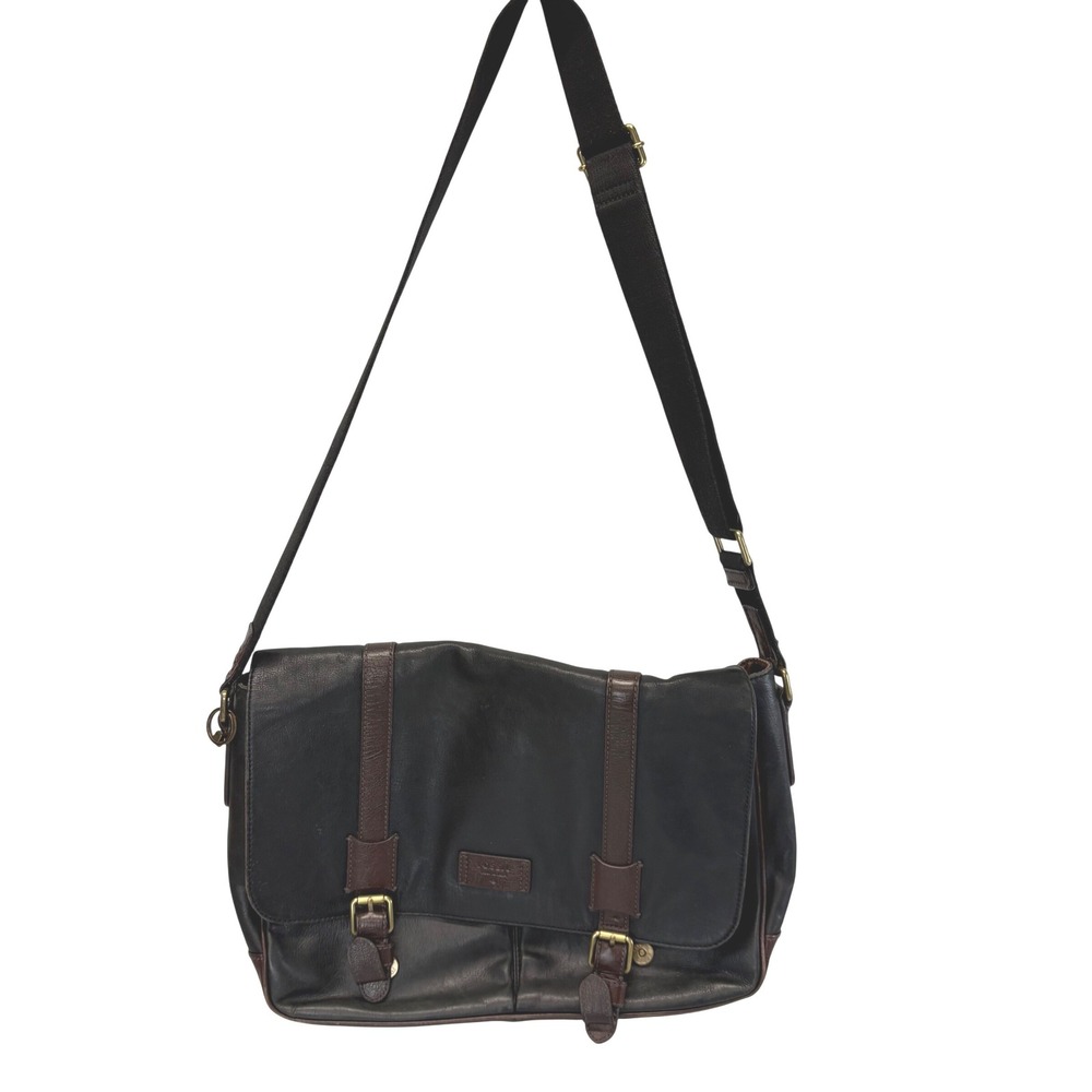 Fossil Messenger Bag Mens Large Black Brown Leather Satchel Buckle Crossbody